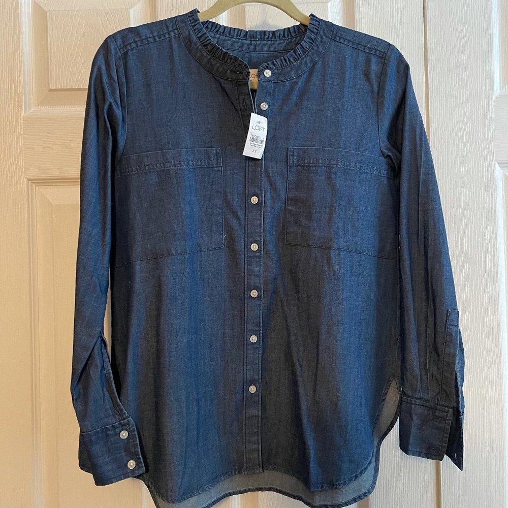 NWT Soft Chambray Dark Denim Collarless Buttondown